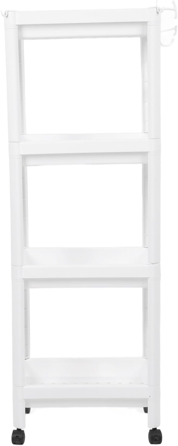 Narrow Freestanding Bathroom Shelf, Space Saving Storage Rack White Laundry Shelf for Bathroom Laundry Room Kitchen Bedroom Compact Areas (4 Layers (with Wheels))