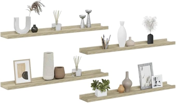 Sonoma Oak Wall Shelves Set of 4, 31.5 Inch Floating for Living Room Bedroom, Rustic Wood Look MDF Shelves for Storage and Decor, Easy Mount Shelving Unit for Books Plants Pictures