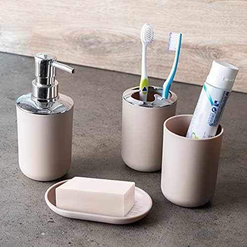Moss & Stone 6-Piece Bathroom Accessories Set, Includes Soap Dispenser, Toothbrush Holder, Toothbrush Cup, Soap Dish, Complete Bathroom Decor Set (Beige)