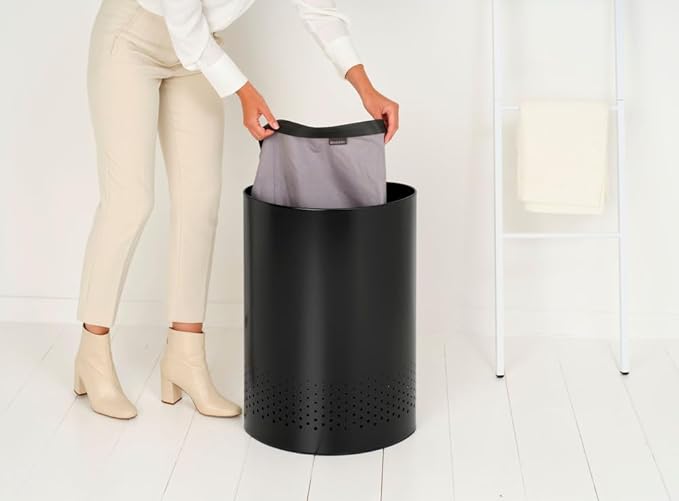 Brabantia Selector Laundry Basket with Lid | 14.5 Gal - 2 Compartment Washing Basket with Quick‑Drop Lids & Removable Cotton Bag | Matt Black