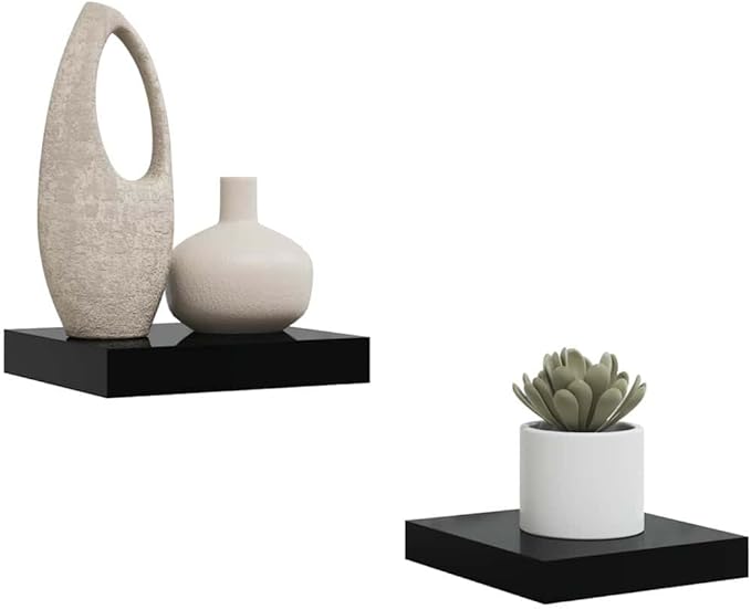 Floating Wall Shelves 2 Pack, High Gloss Black Modern Display for Living Room & Office, 9.1x9.3x1.5 Inch Invisible Mounting Shelves for Decor, Books, Awards, Durable MDF and Metal Frame