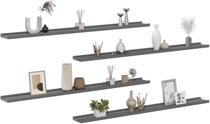 Set of 4 Floating Wall Shelves 45.3 Inch Long Modern Grey MDF Wall Mounted Display Storage Ledge for Bedroom Living Room Hallway