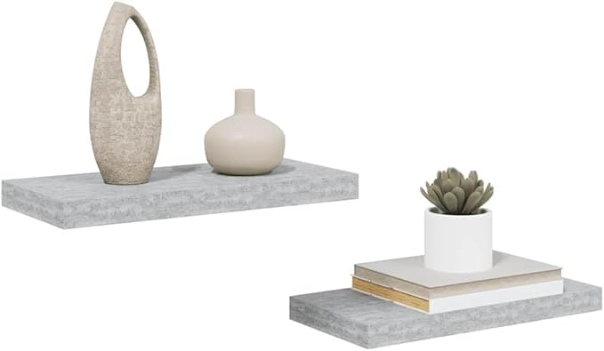 Wall Shelf Set of 2, Modern Floating Shelves for Wall Storage, Concrete Grey MDF Rectangular Decorative Display Ledge for Living Room, Bedroom, Office, 19.7 x 9.1 Inch