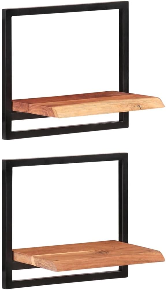 Set of 2 Live Edge Wall Shelves, Rustic Solid Acacia Wood Floating Shelves with Steel Brackets, Decorative Wall Mounted Shelving for Bedroom Living Room Office