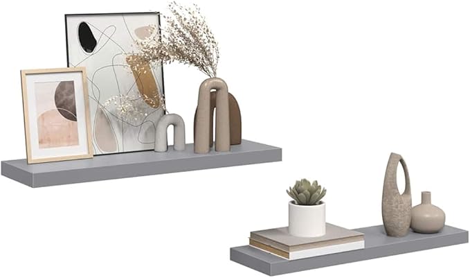 Floating Wall Shelves Set of 2, Modern Gray Display Shelves 31.5 Inch for Living Room Bedroom, Invisible Mounting, Honeycomb MDF and Metal Frame, Holds 22lb Each for Books Decor Photos Plants