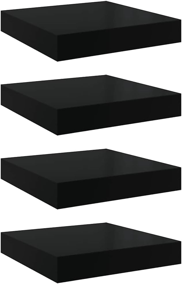 Set of 4 Wall Shelves, Modern Floating Honeycomb Shelves, High Gloss Black MDF Decorative Shelves for Bedroom, Living Room and Office, Easy Mount Storage Display Shelves