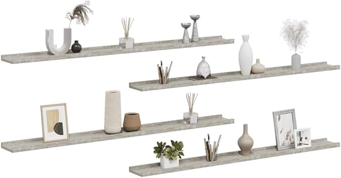 Wall Shelves Set of 4, 45.3 Inch Modern Floating Shelves for Living Room Bedroom, Concrete Gray Decorative Wall Mounted Storage Organizer Display Ledge