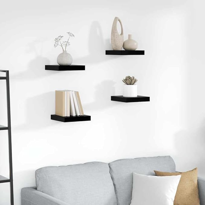 Set of 4 Wall Shelves, Modern Floating Honeycomb Shelves, High Gloss Black MDF Decorative Shelves for Bedroom, Living Room and Office, Easy Mount Storage Display Shelves