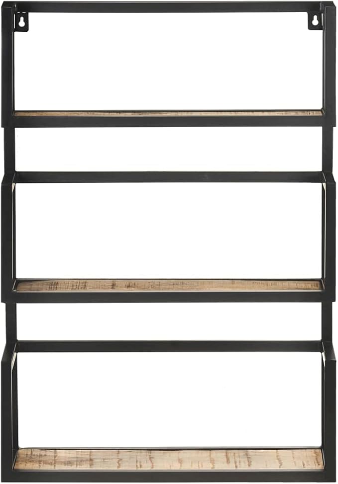 Rustic Wall Shelf with Iron Frame, 3-Tier Mango Wood Floating Shelves 23.6x7.9x33.5 Inches, Natural Wood Grain for Living Room, Bedroom, Bathroom Decor, Sturdy Storage for Books and Plants