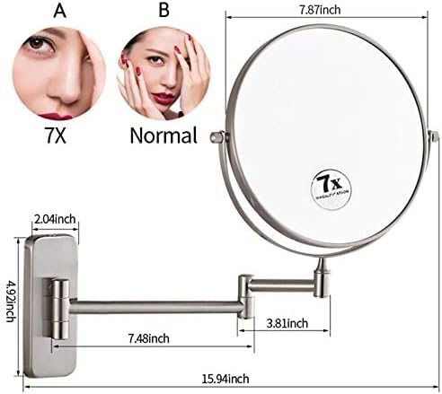 Bathroom Wall-Mounted Mirrors,8 inch Makeup Mirrors,Double Sided Brass Magnifying Mirror,Extendable Folding 360°Swivel Vanity Shaving Mirrors(Nickel,7X)