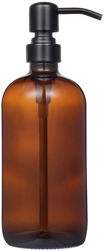 Amber Glass Jar Soap Dispenser with Matte Black Pump,16oz Round Bottle Dispenser with Stainless Steel Pump, Bathroom Soap Dispenser Set for Home Decor, Farmhouse & Kitchen Decor (Matte Black)