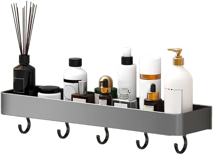 Keenso Gray Space Aluminum Bathroom Shelf, Wall Mounted Storage Rack, Drain, Hollow Design, Large Capacity, 30cm (Singler Layer with Hook)