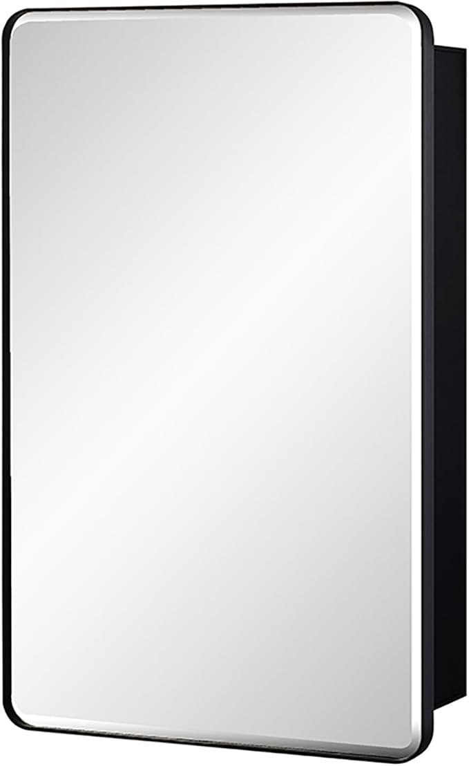IDYLLOR Black Bathroom Mirror Medicine Cabinet with Round Corner Framed Door and Beveled Edge Mirror 15 x 25 inch, Recessed or Surface Mount, with Adjustable Glass Shelves