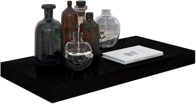 Floating Wall Shelf High Gloss Black 19.7x9.1 Inches Modern Display Rack with Invisible Mounting for Living Room Bedroom Office Decor Storage Organizer
