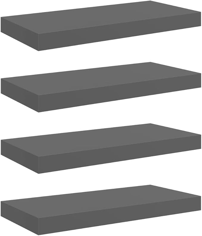 Floating Wall Shelves Set of 4, Modern High Gloss Gray Display Shelves with Invisible Mounting, 19.7x9.1 Inches MDF Board for Living Room Bedroom Office Decor, Holds 15.4 lbs Each