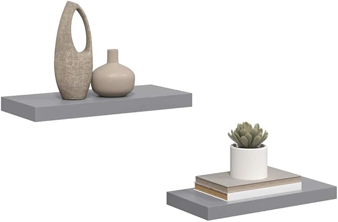 Set of 2 Grey Floating Wall Shelves, Modern Honeycomb MDF Wall Mounted Storage Shelves for Living Room, Bedroom Decor Display, 19.7 x 9.1 Inches
