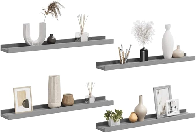 Floating Wall Shelves Set of 4, 23.6-Inch Modern Grey MDF Display Ledges for Bedroom, Living Room, Bathroom, Wall Mounted Storage Shelves for Books, Plants, and Ornaments