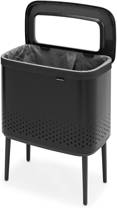 Brabantia Bo Laundry Hamper (Matt Black) Removable Laundry Bag 16 Gal, Ventilated Stylish Discreet Dirty Clothes Holder, Flat Back, Anti-Rust Materials for Bathroom Use