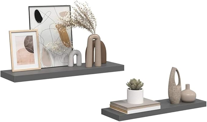 Set of 2 Floating Wall Shelves, 31.5 Inch Modern High Gloss Grey Storage Shelves with Metal Frame, Decorative Display Ledge for Living Room, Bedroom, and Office