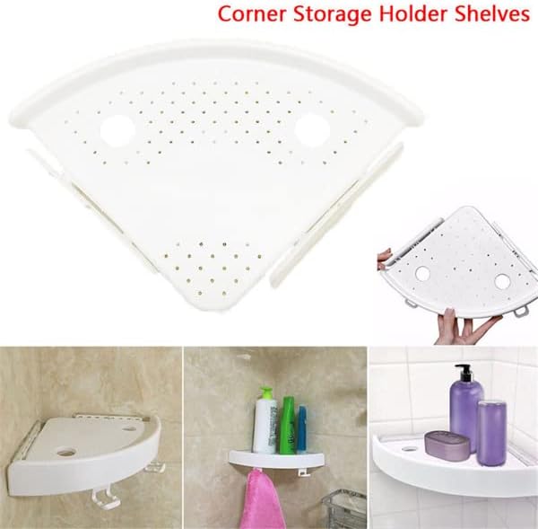 Bathroom Wall Corner Shelf Organizer, Kitchen Corner Storage Rack Non-Marking Shelf with Hooks, Easy to Install (White, One Size), Bohannan-0118-103