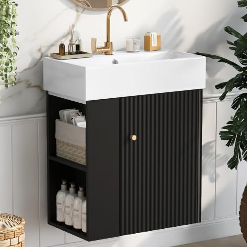 Virubi 21.6 in Floating Bathroom Vanity with Sink,Soft Closing Doors,Solid Wood Frame & MDF Modern Single Small Black Bathroom Vanity Cabinet with Open Shelf,Wall Mounted