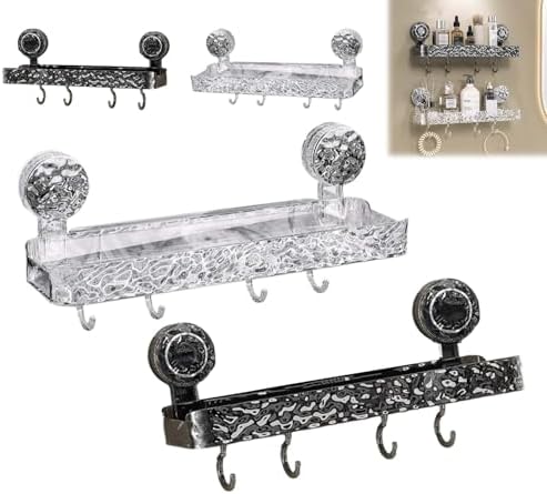 Wall-Mounted Suction Cup Bathroom Shelf Holder, No Drill Acrylic Storage Rack in Light Luxury Glacier Pattern with 4 Hooks - Clear Suction Cup Organizer for Easy Storage