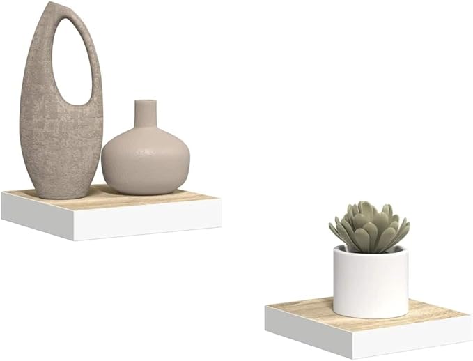 Set of 2 Floating Wall Shelves, Modern Honeycomb Design Oak and White MDF Display Ledges for Living Room Home Office Storage and Decoration