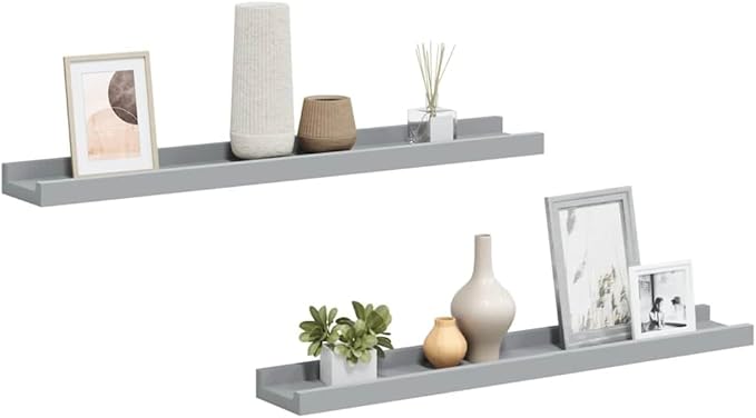 Floating Picture Ledge Shelves Set of 2, 23.6 Inch Wall Mounted Display Shelf for Photos, Art, and Decor, Modern Grey MDF Storage Organizers for Living Room Bedroom
