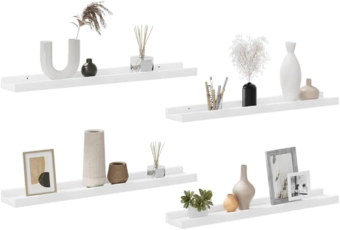 Set of 4 Floating Shelves for Wall Decor, 23.6 inch Modern White MDF Wall Mounted Shelving Units for Bedroom, Living Room, Kitchen Display and Storage