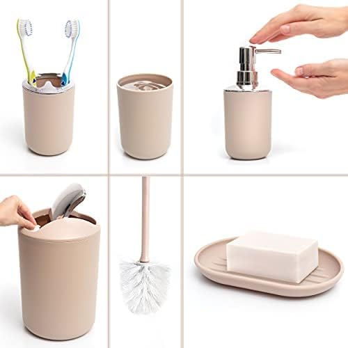 Moss & Stone 6-Piece Bathroom Accessories Set, Includes Soap Dispenser, Toothbrush Holder, Toothbrush Cup, Soap Dish, Complete Bathroom Decor Set (Beige)