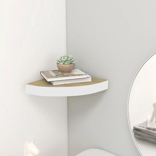 Wall Corner Shelf Floating Display Storage Oak White 13.7x13.7x1.4 Inches MDF Honeycomb Metal Modern Home Decor Books Photos Awards