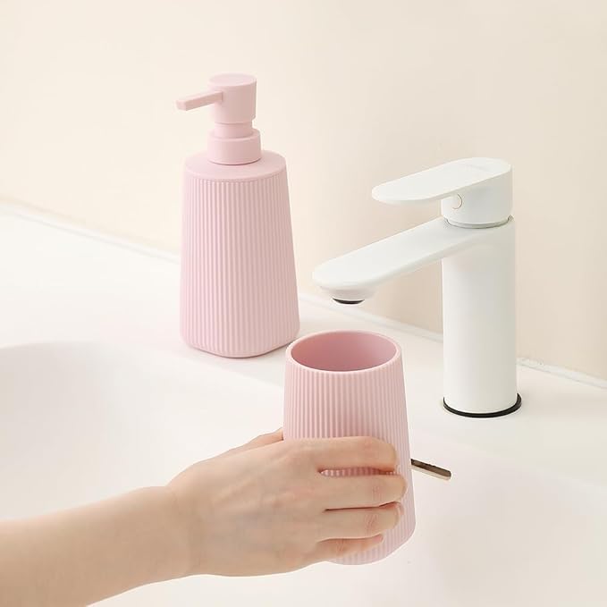 YAUKPH Bathroom Accessories Set 2 Piece Soap Dispenser and Toothbrush Holder for Bathroom Countertop Striped Pink
