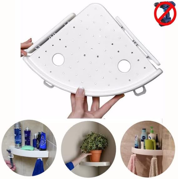 Bathroom Wall Corner Shelf Organizer, Kitchen Corner Storage Rack Non-Marking Shelf with Hooks, Easy to Install (White, One Size), Bohannan-0118-103
