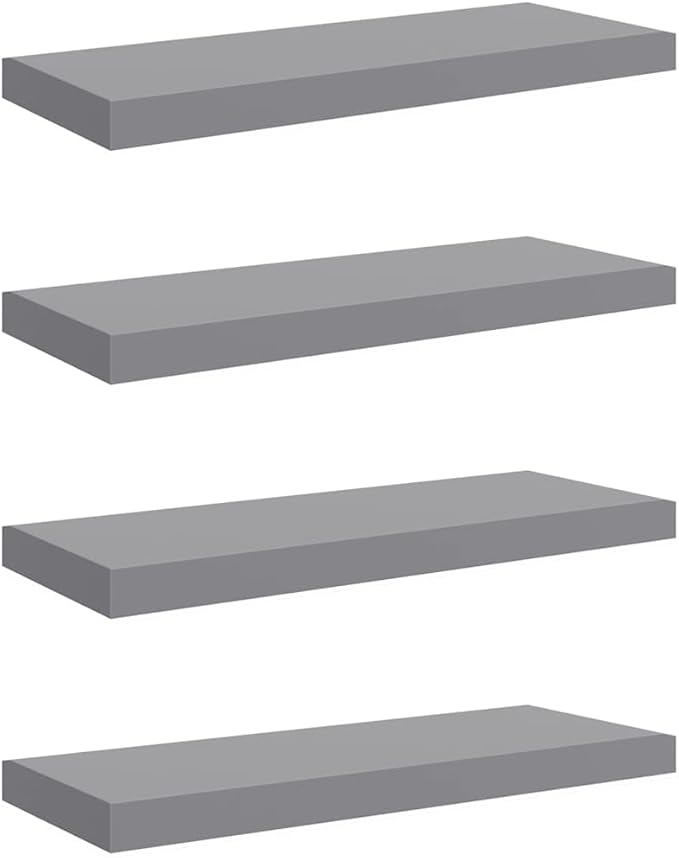 Set of 4 Floating Wall Shelves, Grey Modern Honeycomb MDF Display Ledges for Living Room Bedroom Office, Decorative Storage Shelves with Mounting Hardware