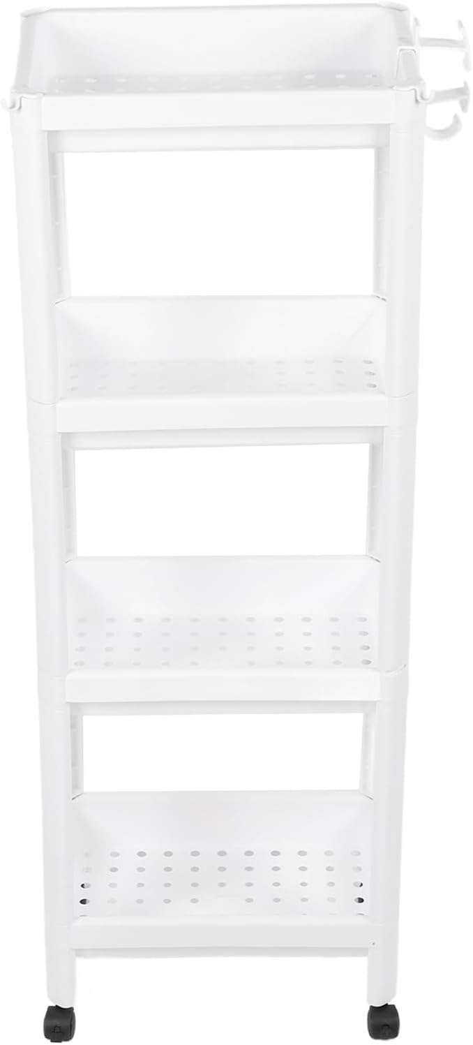 Narrow Freestanding Bathroom Shelf, Space Saving Storage Rack White Laundry Shelf for Bathroom Laundry Room Kitchen Bedroom Compact Areas (4 Layers (with Wheels))