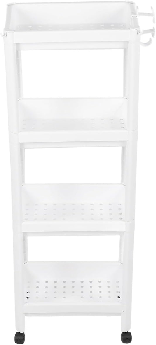 Narrow Freestanding Bathroom Shelf, Space Saving Storage Rack White Laundry Shelf for Bathroom Laundry Room Kitchen Bedroom Compact Areas (4 Layers (with Wheels))