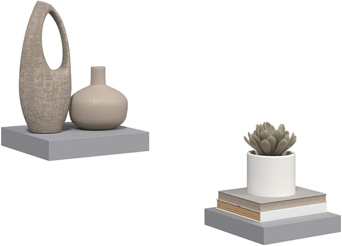 Floating Wall Shelves Set of 2, Modern Square Display Ledges for Bedroom Living Room Decor, Gray MDF Wall Mounted Storage Shelves, 9.3 x 9.1 x 1.5 Inch