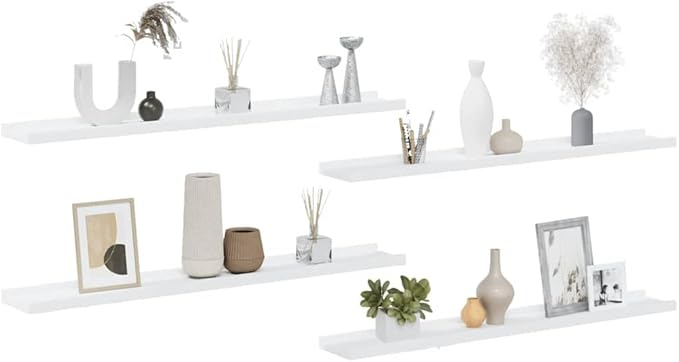 Set of 4 Floating Wall Shelves, 31.5 Inch Modern White MDF Wall Mounted Storage Shelves for Living Room, Bedroom and Office, Display Ledge for Decor, Books and Plants
