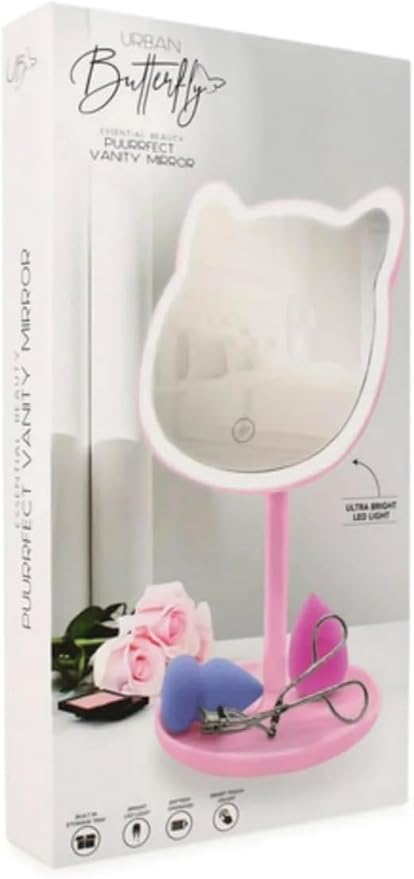 Puurrfect Mirror Gifts, Cute Cat Ears Shape Mirrors Makeup with LED Lights Touch Control. Smart Touch. (Pink)