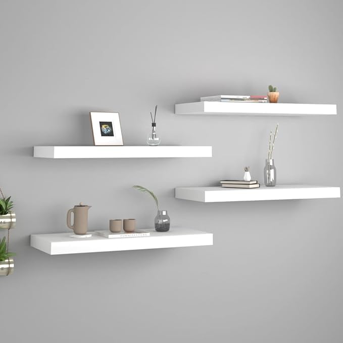 Floating Wall Shelves 4 pcs White 23.6x9.3x1.5 Invisible Mounting Display Rack for Living Room Bedroom Office Decor Honeycomb MDF Metal Frame