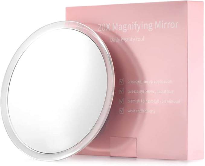 SANTOO 20X Magnifying Mirror - with 3 Mounting Suction Cups - Used for Precise Makeup - Eyebrows/Tweezing - Blackhead/Blemish Removal - Bathroom/Travel Makeup Mirror - 6 Inch Round (20X Magnifying)