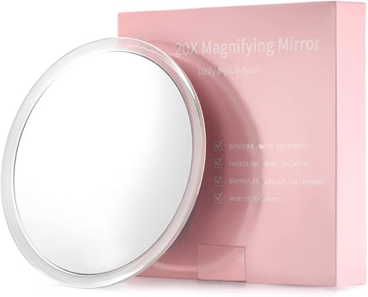 SANTOO 20X Magnifying Mirror - with 3 Mounting Suction Cups - Used for Precise Makeup - Eyebrows/Tweezing - Blackhead/Blemish Removal - Bathroom/Travel Makeup Mirror - 6 Inch Round (20X Magnifying)
