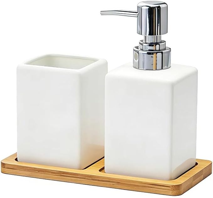 White Bathroom Accessories Set,Ceramic Soap Dispenser and Toothbrush Holder with Tray,Modern Decor Square Countertop Bath Set with Toothbrush Cup