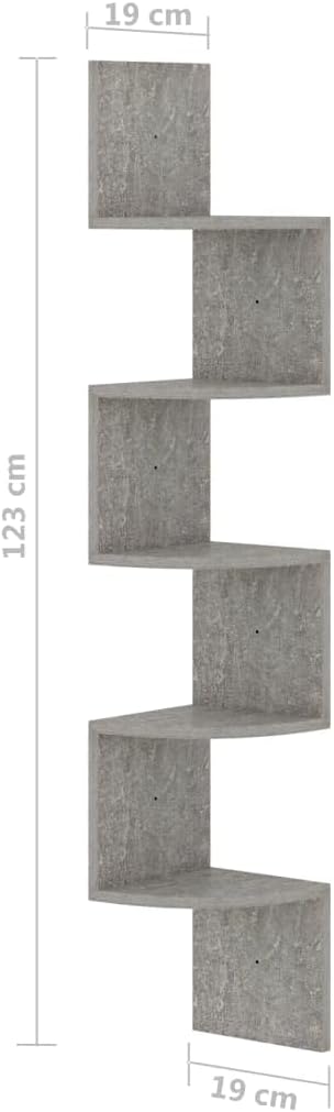 Wall Corner Shelf 5-Tier Floating Shelves, Concrete Grey Engineered Wood Storage Display Rack for Living Room Bedroom Home Office, Space Saving Design