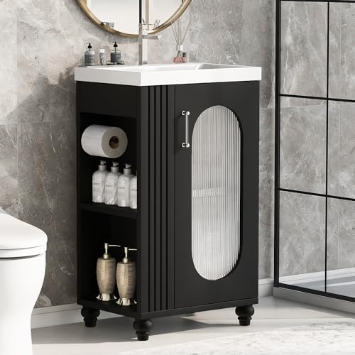 Virubi 20" Small Bathroom Vanity with Sink and Glass Door,Storage Shelf & Toilet Paper Holder,Solid Wood & MDF Modern Single Bathroom Sink Cabinet with Glass Door Freestanding,Black