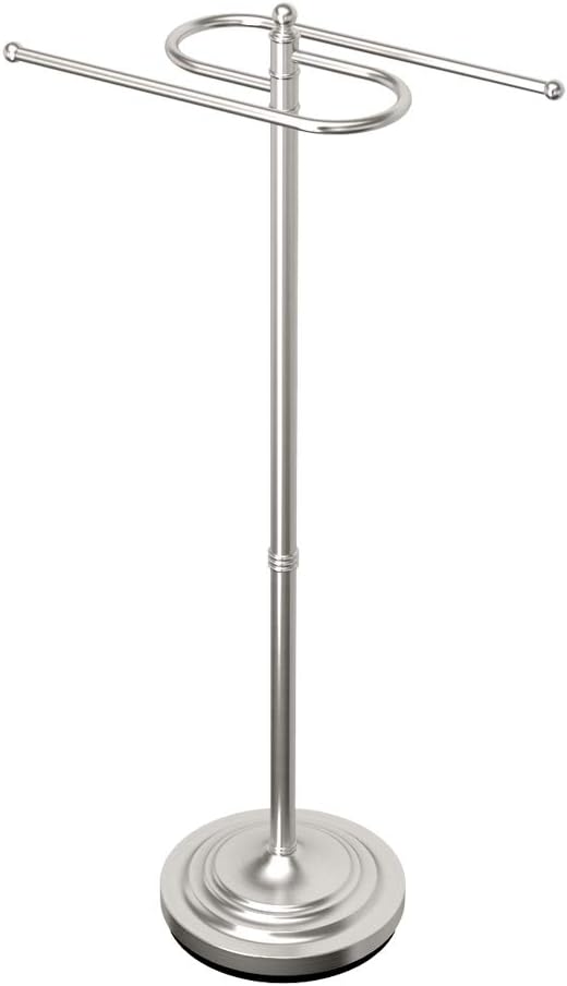 Gatco 1506, Modern Round Base Floor Standing S Style Towel Holder, Satin Nickel / 38" H Freestanding Hand Bath Towel Stand for Bathroom