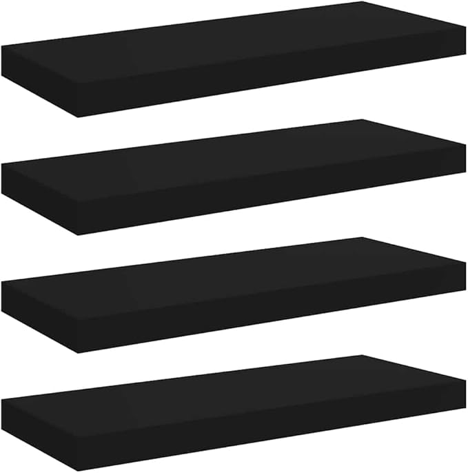 Set of 4 Floating Wall Shelves, 23.6-inch Modern Rectangular Wall Mounted Storage Shelves for Living Room, Bedroom, and Office, Black MDF, Easy Installation