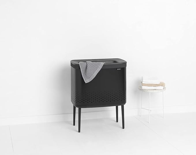 Brabantia Bo Laundry Hamper (Matt Black) Removable Laundry Bag 16 Gal, Ventilated Stylish Discreet Dirty Clothes Holder, Flat Back, Anti-Rust Materials for Bathroom Use