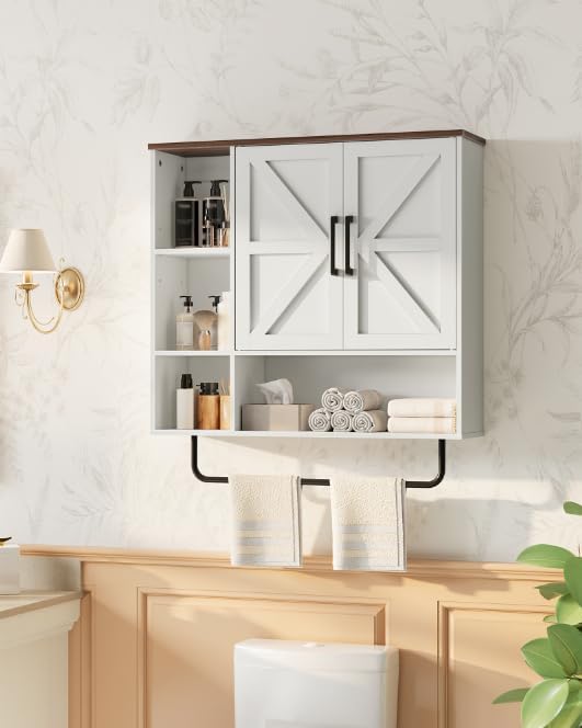 CHOEZON Bathroom Wall Cabinet, Medicine Cabinet Wall Mounted, Over Toilet Storage Cabinet, Wall Cabinet with Towel Bar, Open and Hidden Storage Space, for Bathroom Living Room Kitchen White and Walnut