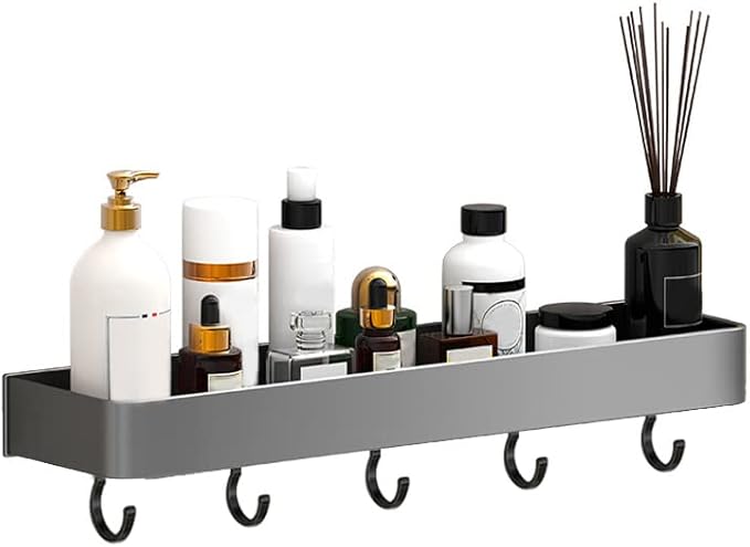 Keenso Gray Space Aluminum Bathroom Shelf, Wall Mounted Storage Rack, Drain, Hollow Design, Large Capacity, 30cm (Singler Layer with Hook)